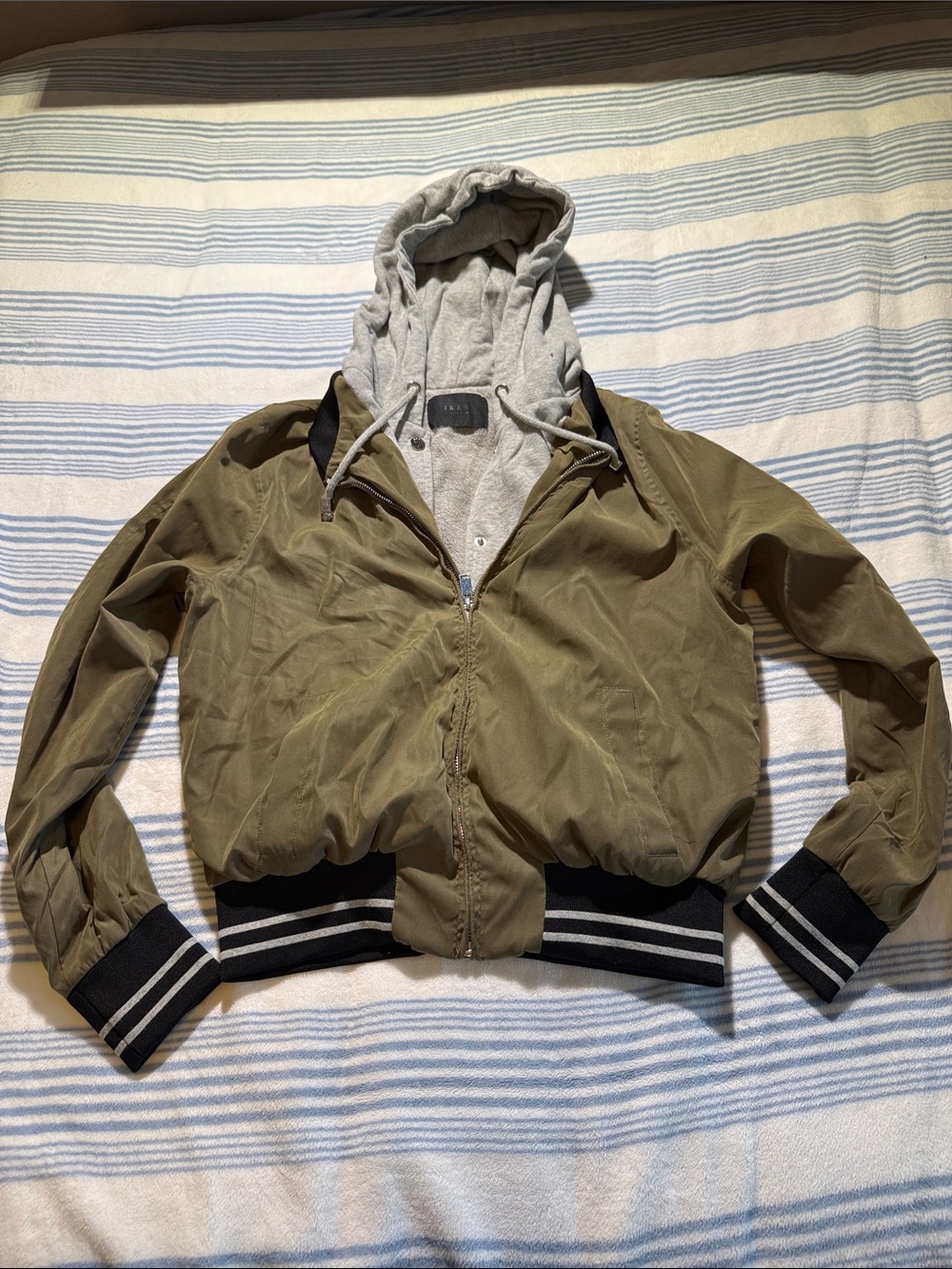 Ikks Olive Green Bomber Jacket with Gray Hood